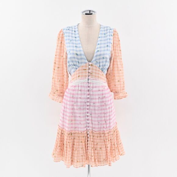 LOVESHACKFANCY Dress Size 6 Tiered Ollie Multi Rosebud Check VNeck Button Front